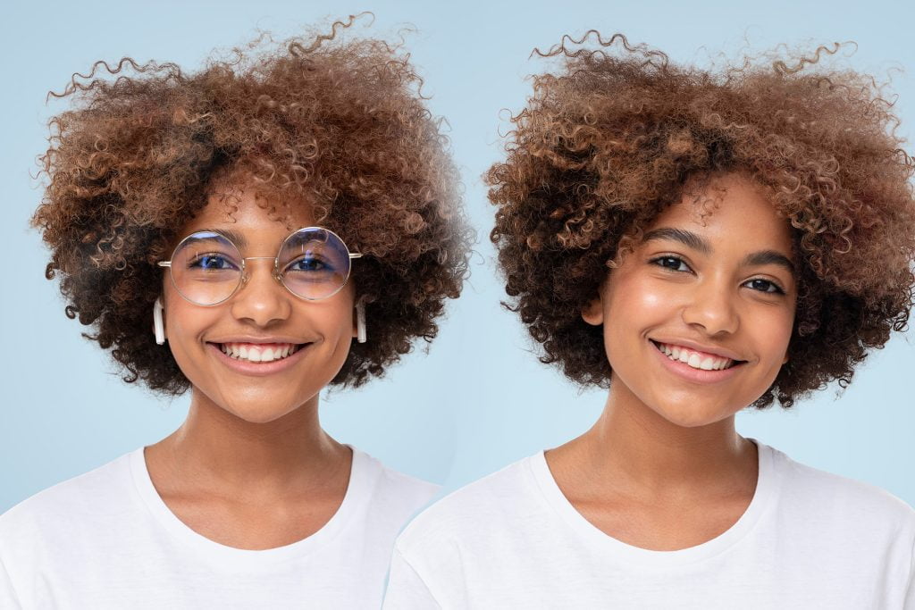 A picture of a beautiful african girl wearing glasses and another wearing no glasses